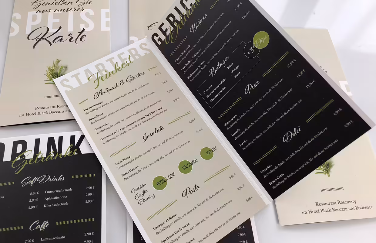 Content-Marketing: Gastro-Design Speisekarte für viaprinto.de