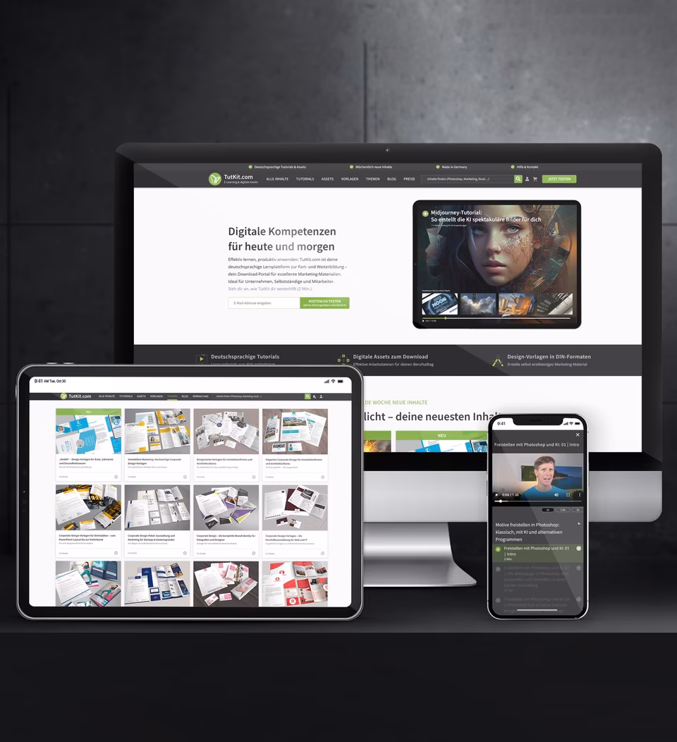 TutKit.com E-Learning-Plattform mit Abo- und E-Commerce-System auf Desktop, Tablet und Smartphone, entwickelt von 4eck Media mit Laravel