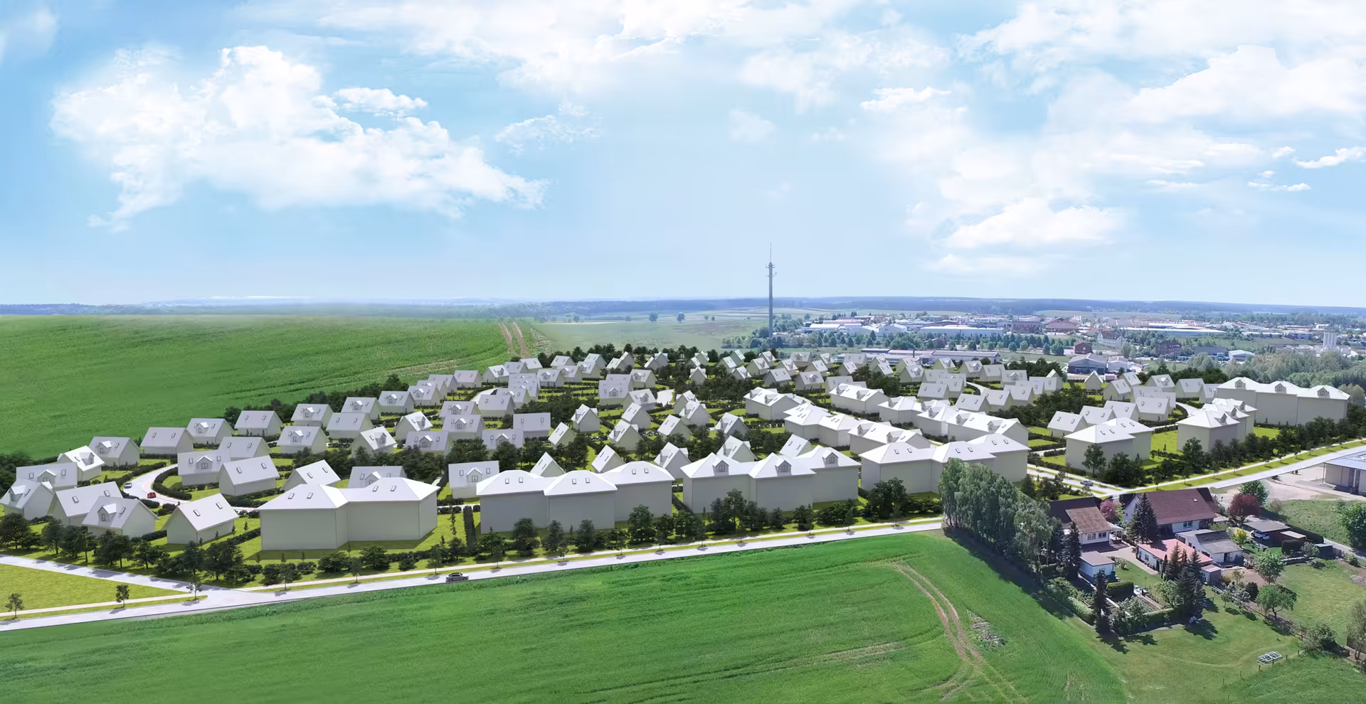 3D-Visualisierung eines neue Baugebiets mit Platzhalter-Objekten