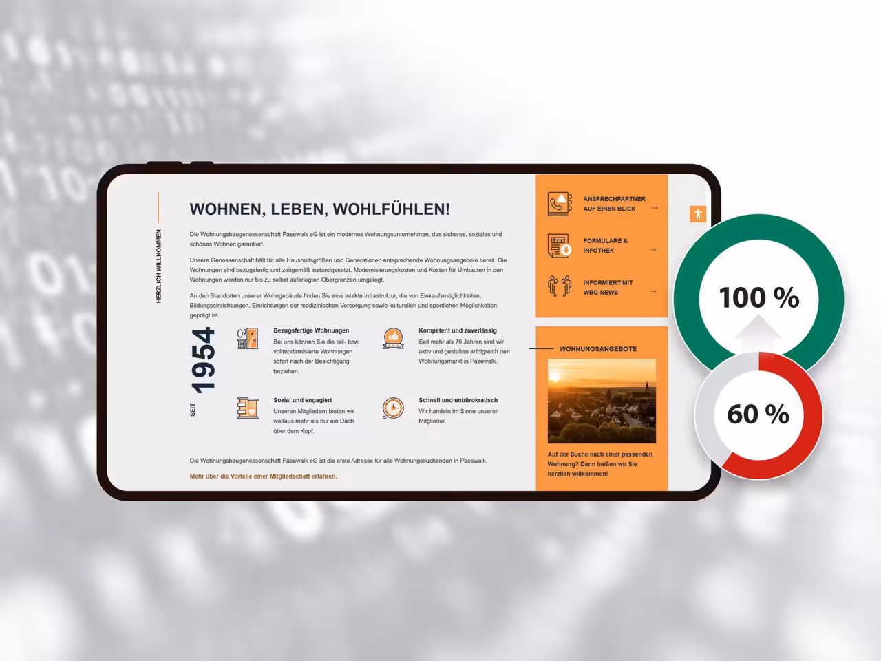 Beispiel der Seiten der Wohnungsbaugenossenschaft Pasewalk eG, deren Barrierefreiheit von 60 % auf 100 % erhöht wurde