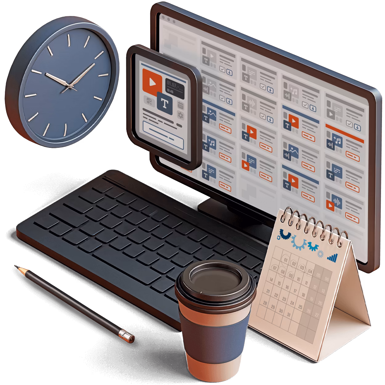 Content Management und Content-Strategie Arbeitsplatz mit systematischer Planung, Kalender und professioneller Organisation
