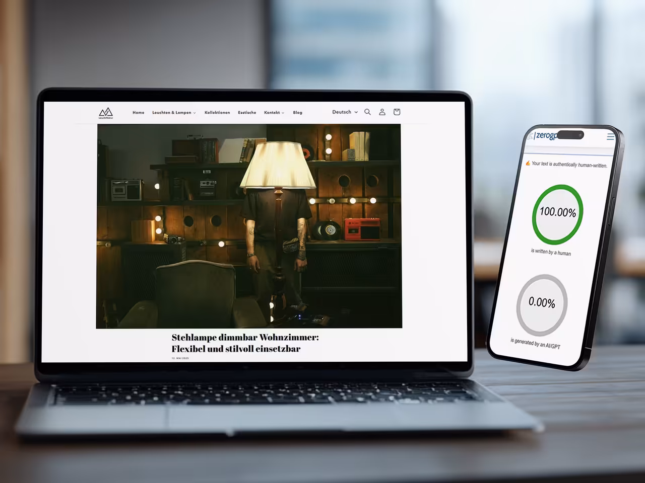 Content Management Transformation für Leuchtnatur: Designer-Lampen Blog mit neuer SEO-Strategie und AI-Content-Prüfung zeigt 100% menschlich erstellte Inhalte für authentisches Content Marketing