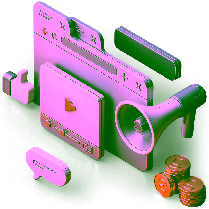 Digital Marketing Services Illustration - SEO, Content Marketing, Social Media und Online-Werbung Dienstleistungen als 3D-Bausteine mit Münzen symbolisieren ganzheitliche Online Marketing Strategie