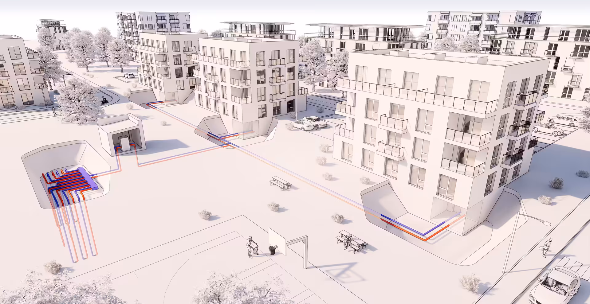 3D-Rendering zum Erdwärmekonzept für Baugebiete