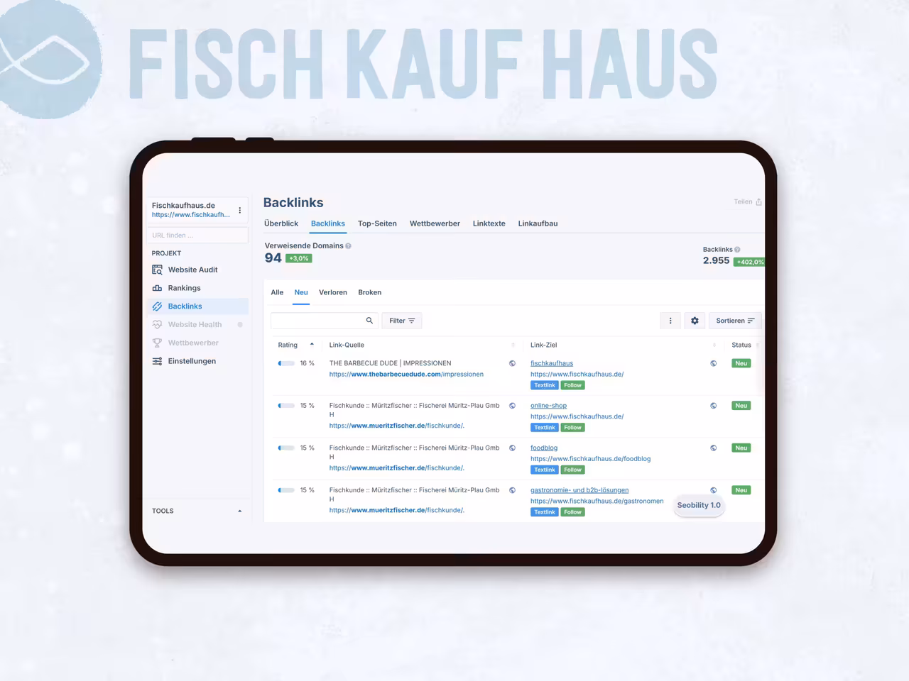 EEAT-Optimierung Detail: Fischkaufhaus.de Backlink-Analyse zeigt 2.955 Backlinks von 94 verweisenden Domains für starke Autorität
