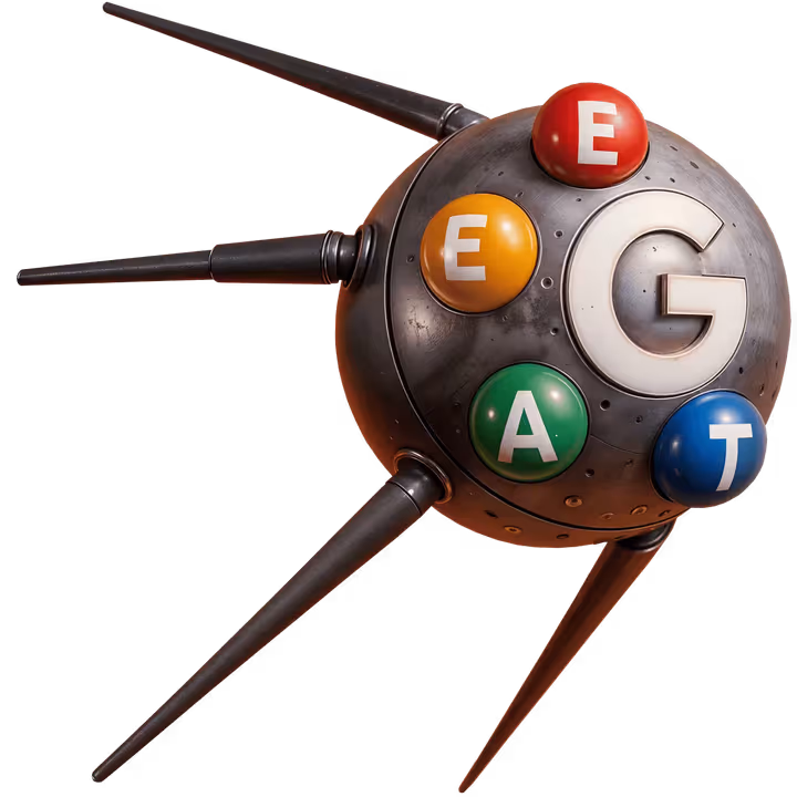 EEAT-Optimierung Illustration: Steampunk-Gerät mit bunten Kugeln symbolisiert Expertise, Experience, Authoritativeness und Trustworthiness für bessere Google Rankings