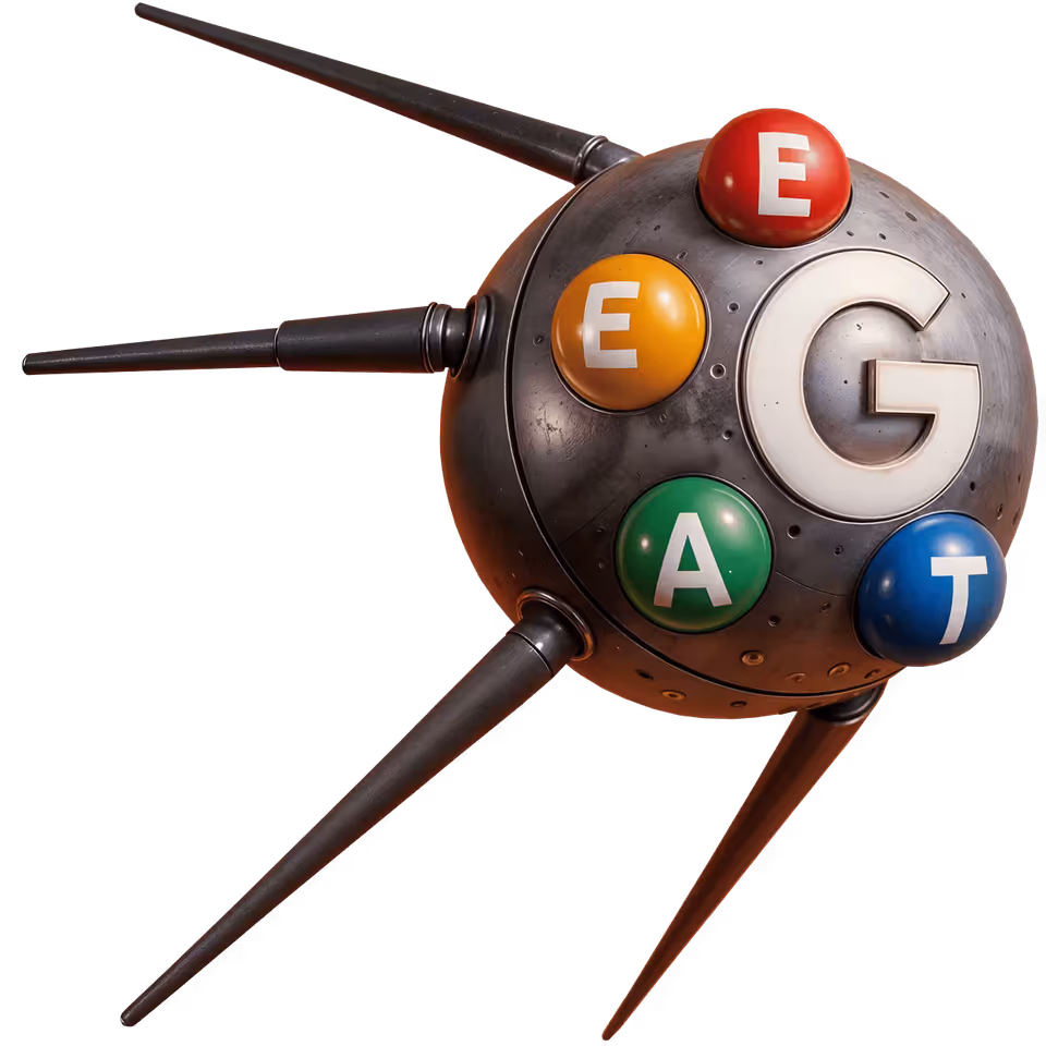 EEAT-Optimierung Illustration: Steampunk-Gerät mit bunten Kugeln symbolisiert Expertise, Experience, Authoritativeness und Trustworthiness für bessere Google Rankings