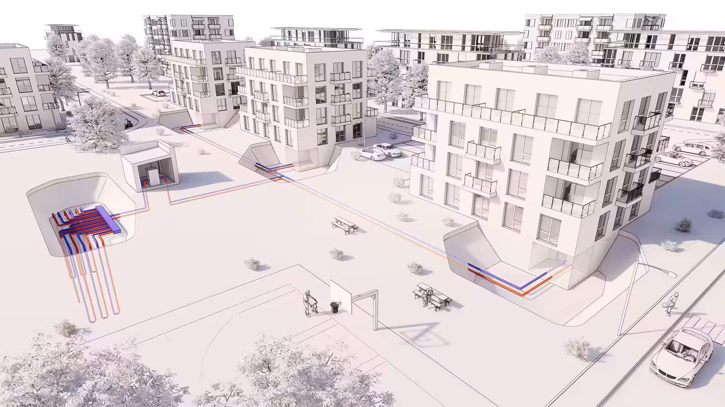 Erdsonden und Geothermie - visualisiert als Architekturrendering