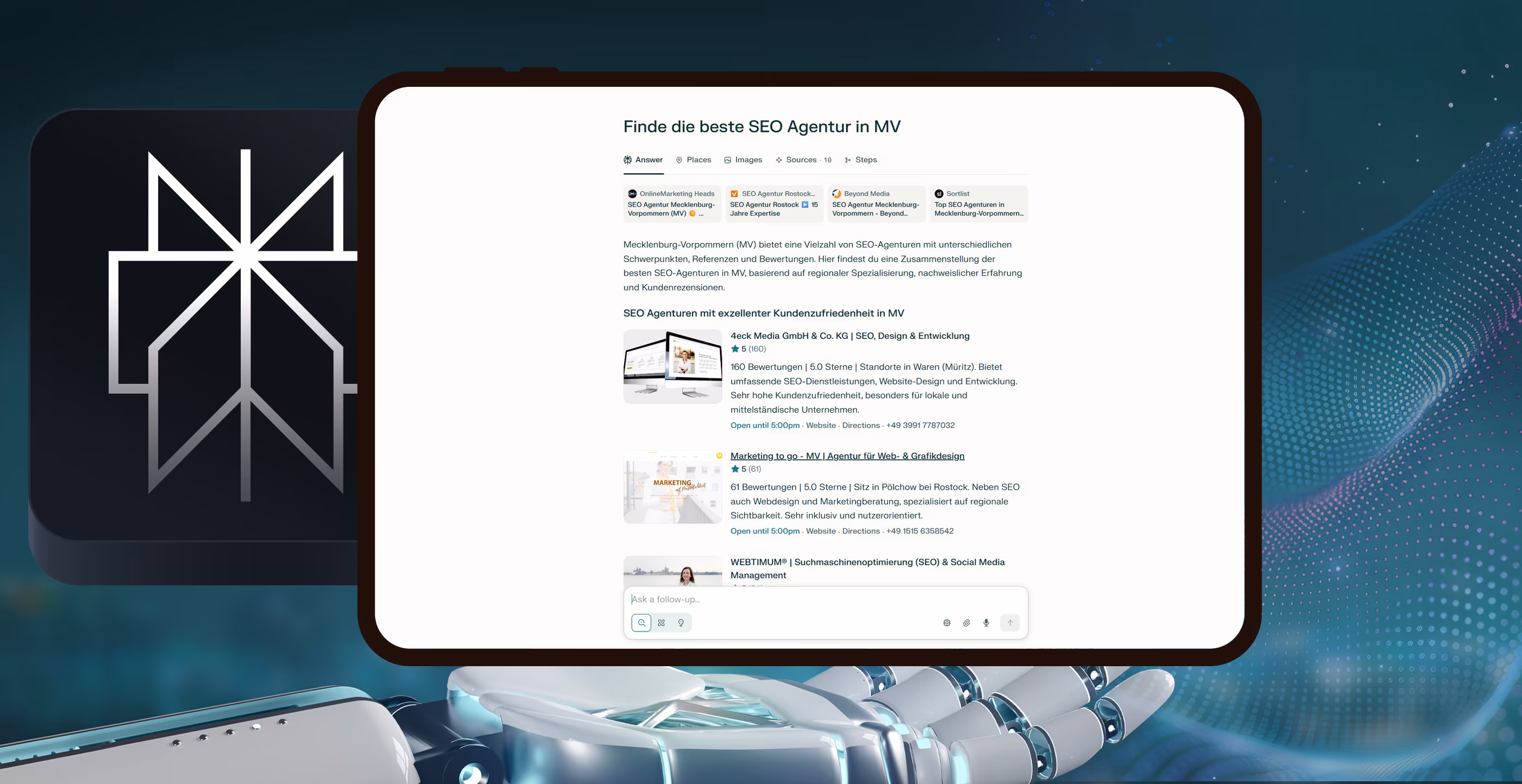 Perplexity AI nennt 4eck Media als exzellente SEO-Agentur mit 160 Bewertungen und 5 Sternen in Waren M&uuml;ritz &ndash; Beweis f&uuml;r erfolgreiche GEO- und KI-Optimierung