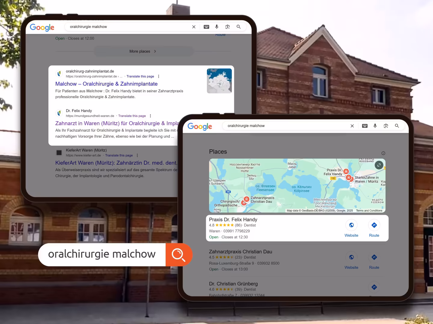Platz 1 bei Google f&uuml;r "oralchirurgie malchow" - Dr. Felix Handy Local SEO Erfolg durch Content Marketing