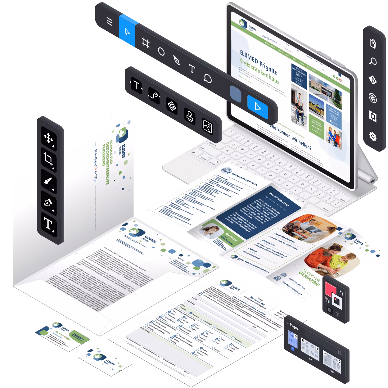 Grafik und Visualisierung Services Übersicht - Isometrische Darstellung von Corporate Design, Print-Materialien, Webdesign und Design-Tools zeigt ganzheitliches Grafikdesign von der Visitenkarte bis zur Website mit einheitlicher visueller Identität