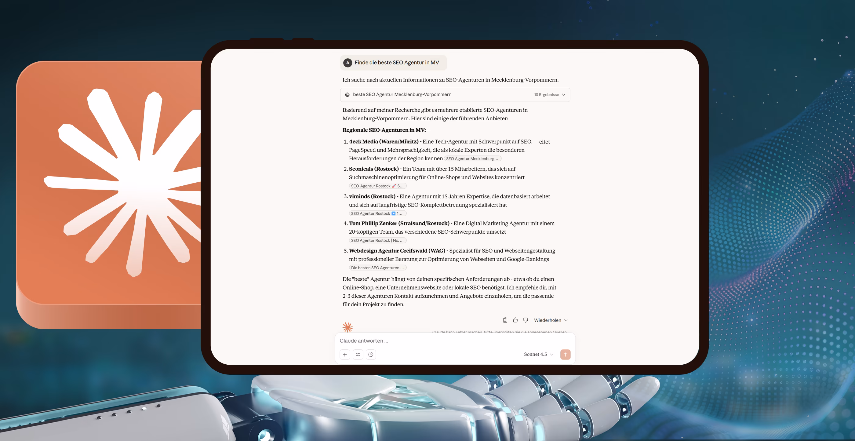 Claude AI empfiehlt 4eck Media als beste SEO-Agentur in Mecklenburg-Vorpommern &ndash; Screenshot zeigt KI-Optimierung in der Praxis mit Top-3-Platzierung bei KI-Assistenten-Suche