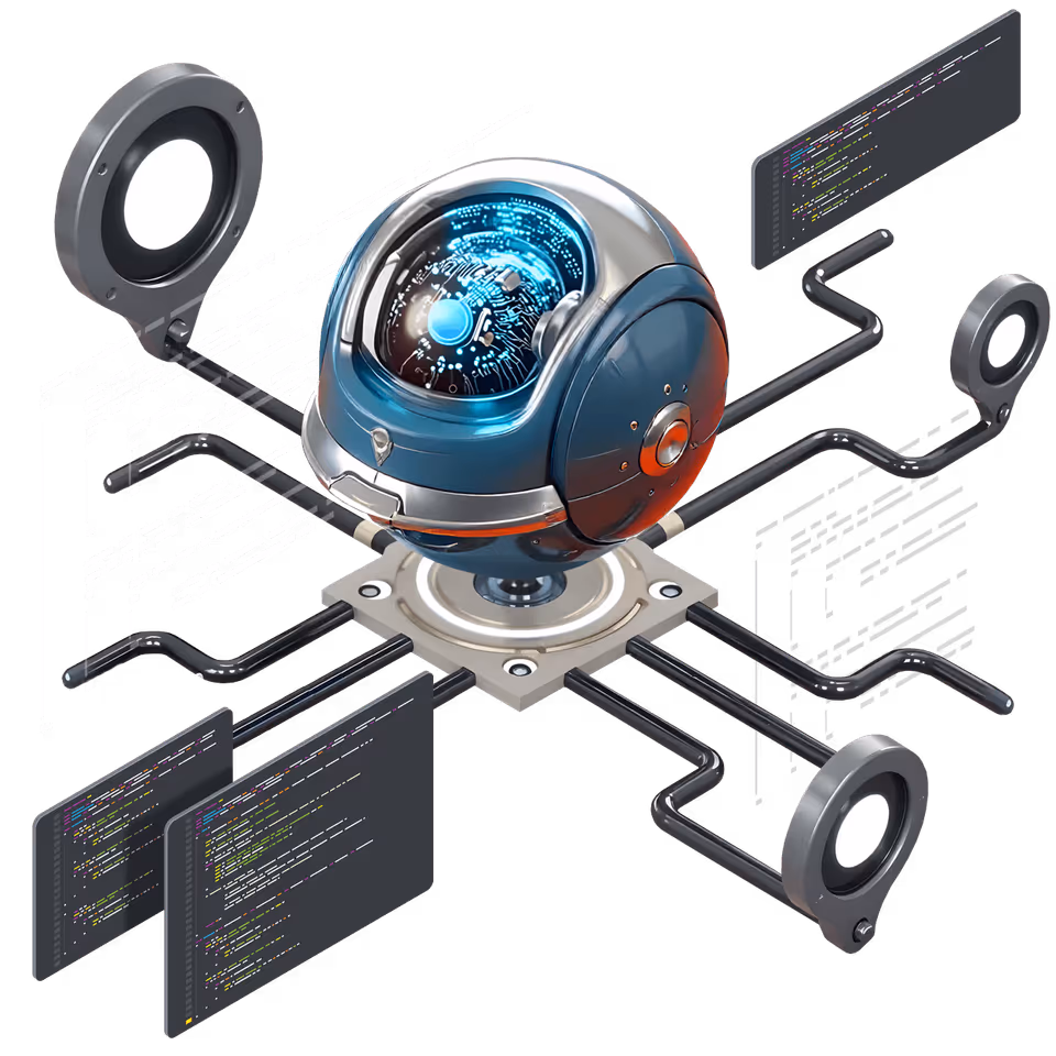 KI-Optimierung für LLM und GEO: Futuristischer Crawler-Bot analysiert Code und Datenstrukturen für bessere Sichtbarkeit in ChatGPT und Claude