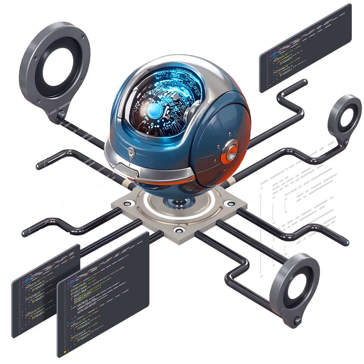 KI-Optimierung für LLM und GEO: Futuristischer Crawler-Bot analysiert Code und Datenstrukturen für bessere Sichtbarkeit in ChatGPT und Claude