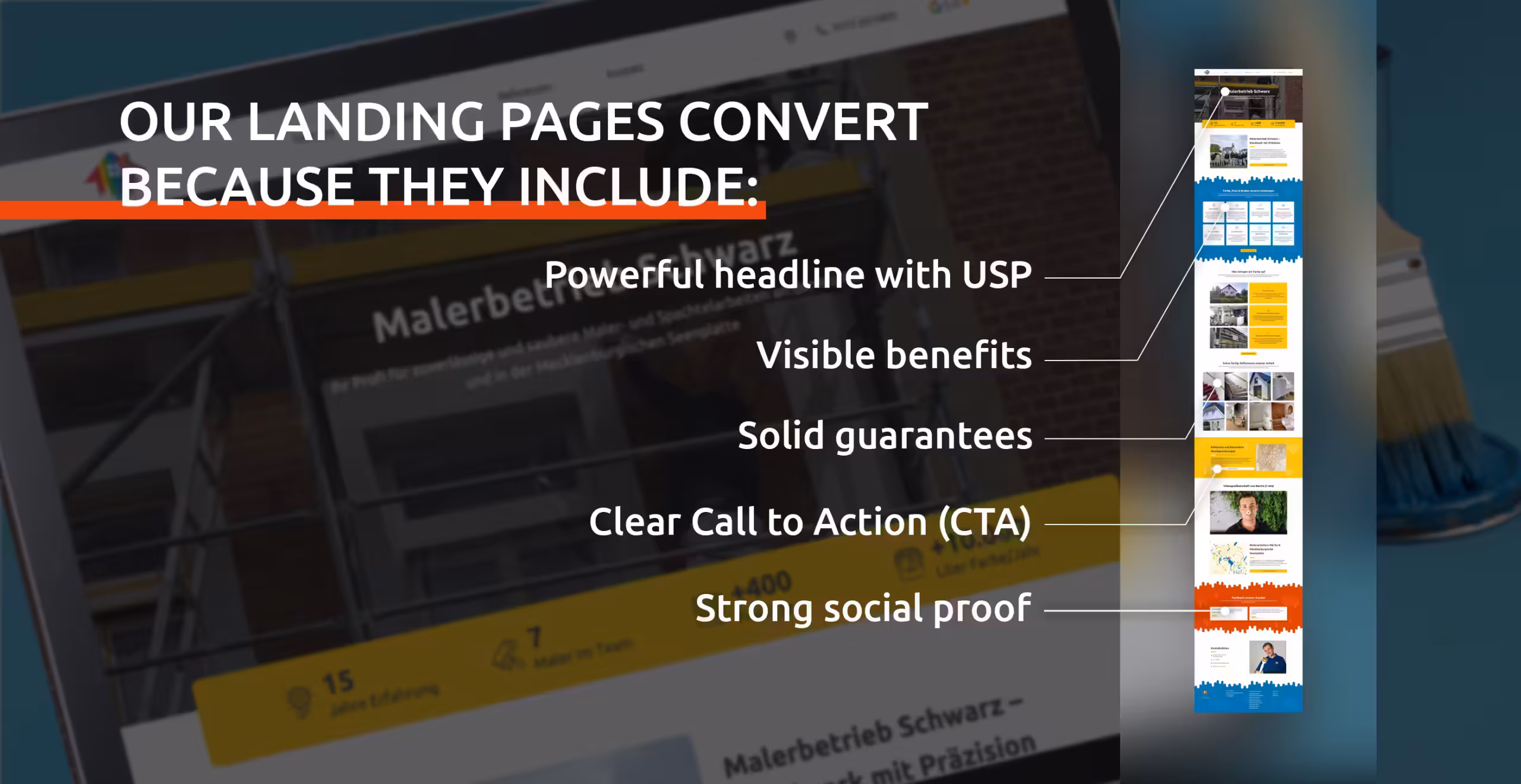 Landingpage erstellen lassen: &Uuml;bersicht der wichtigsten Conversion-Elemente wie kraftvolle Headline mit USP, sichtbare Benefits, Garantien, klare Call-to-Actions und starke Social Proofs am Beispiel einer Malerbetrieb-Landingpage