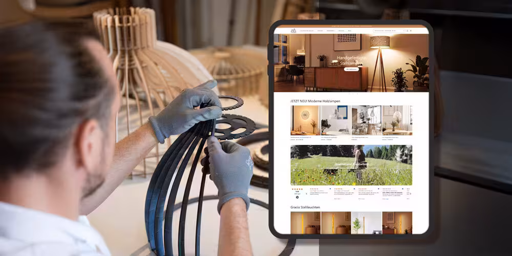 LeuchtNatur Website mit Fokus auf handgefertigte Lampen und nachhaltiges Design