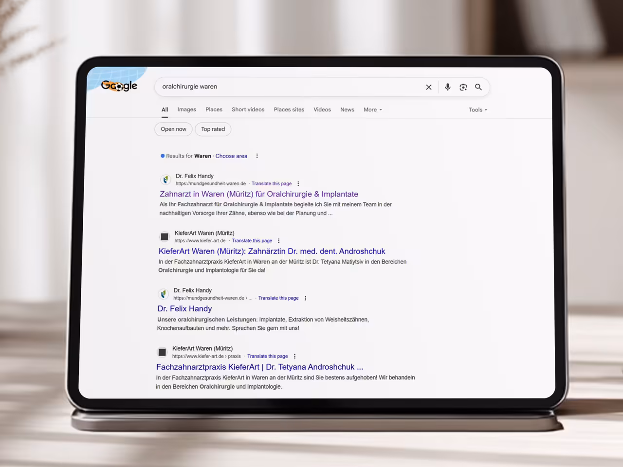 Local SEO results - Google Maps and search results for Oral Surgery Malchow with Dr. Felix Handy