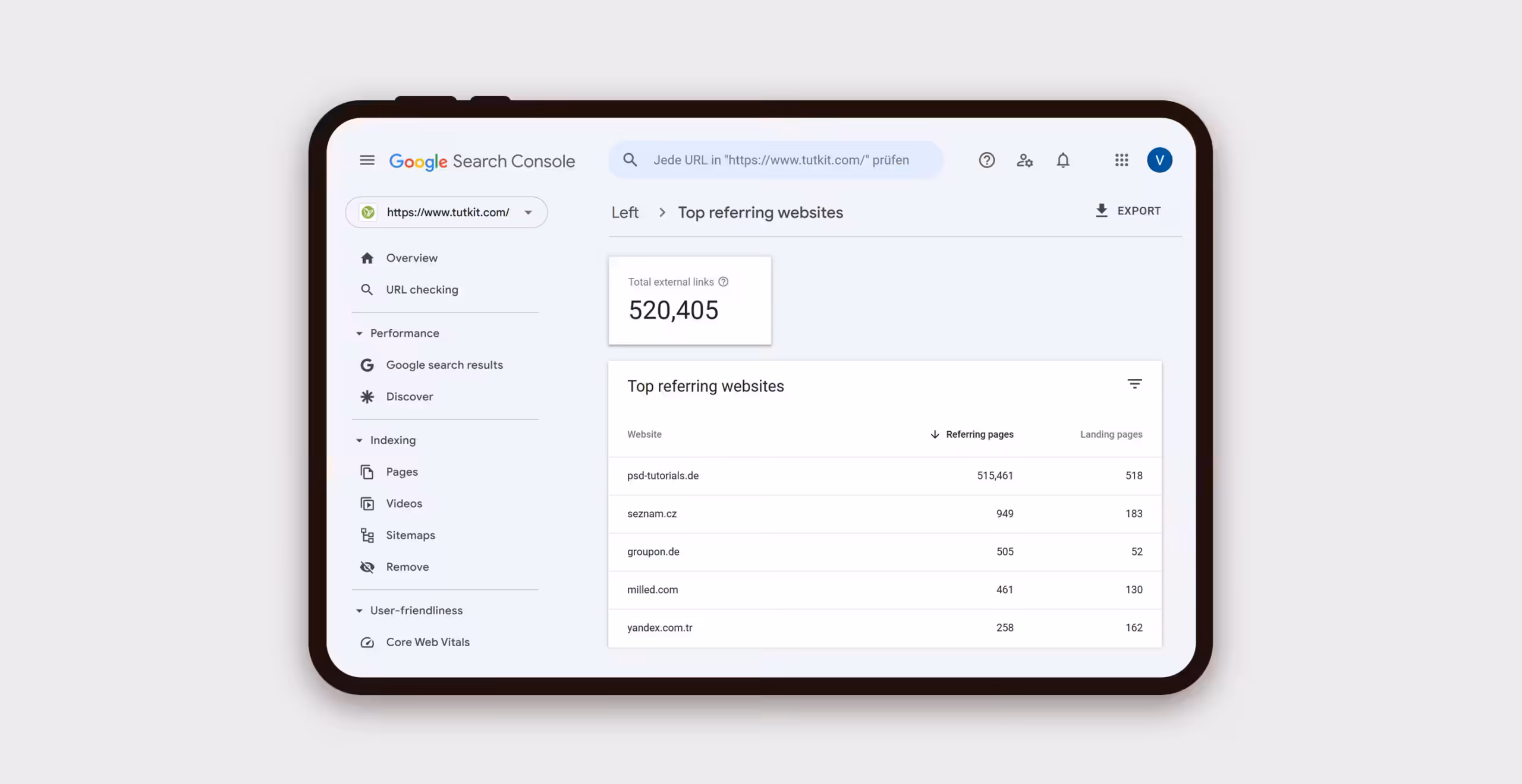 Google Search Console Backlink-Analyse zeigt &uuml;ber 520.000 externe Links - Resultat kontinuierlicher SEO Offpage Optimierung