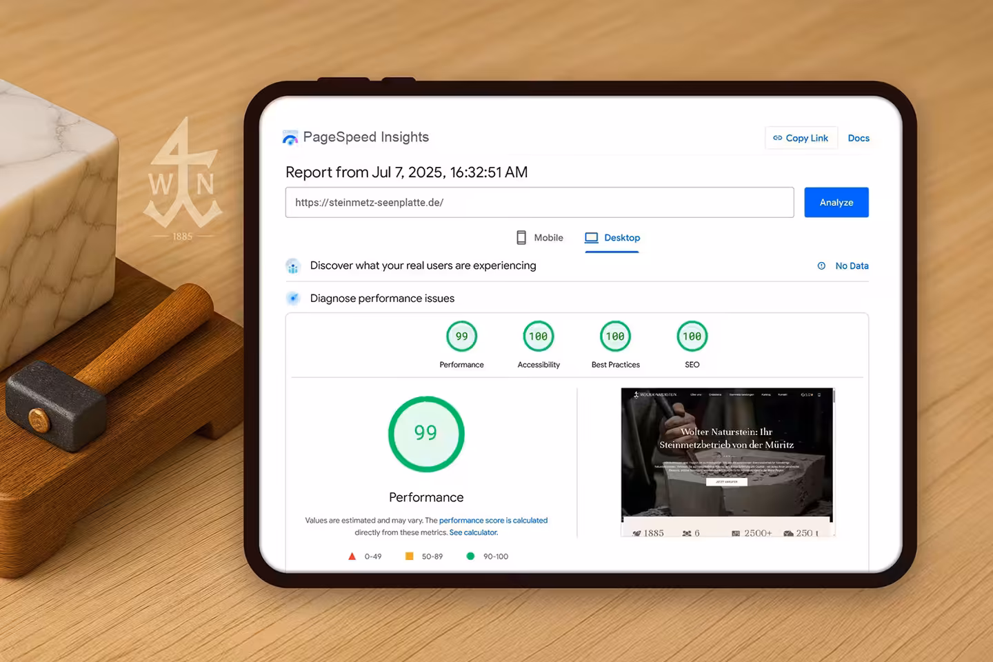 Onepager: Examples of the good performance of the websites we have developed.