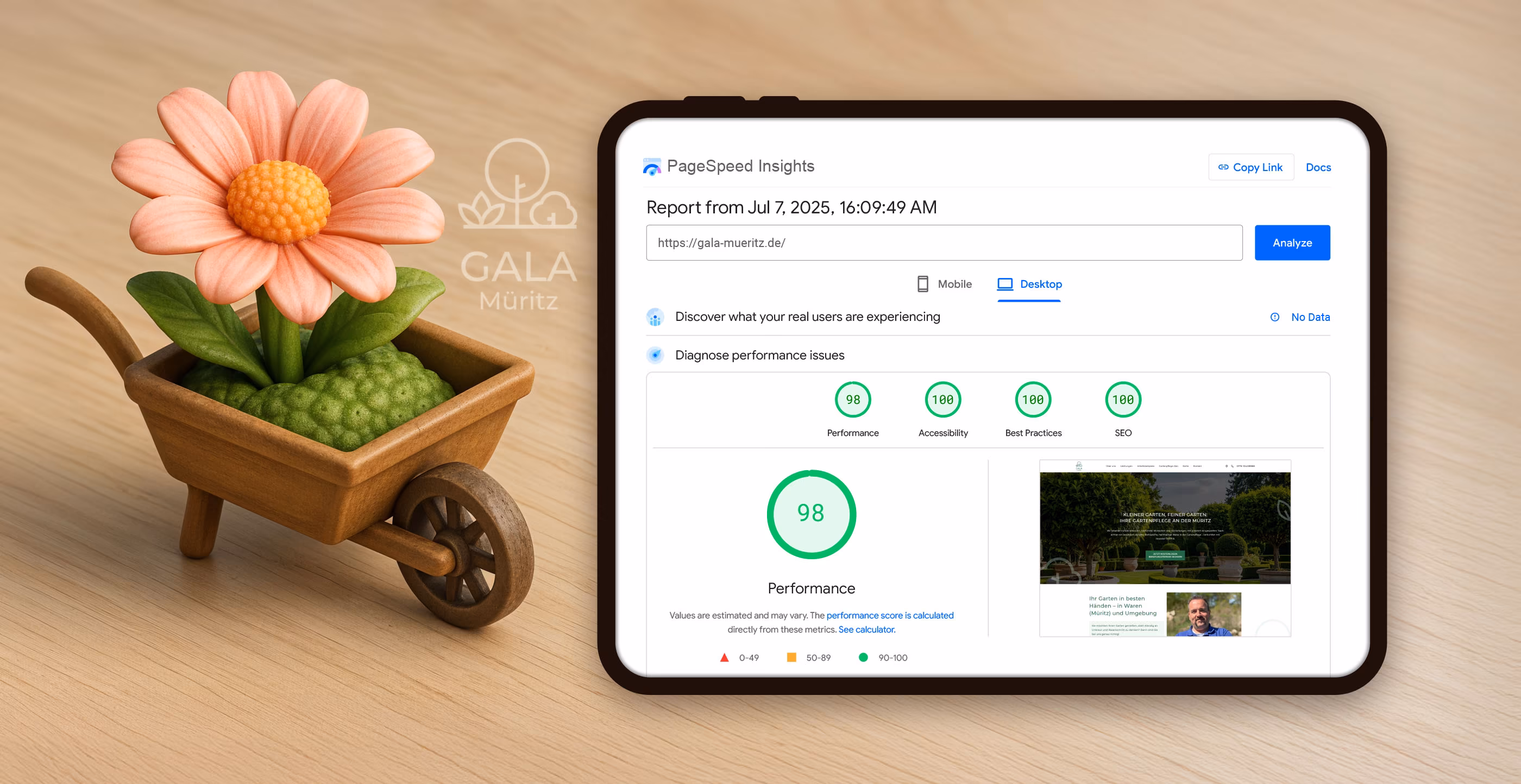 Onepager Website f&uuml;r Gartenbau mit hervorragendem Google PageSpeed Score 98-100 - mobiloptimiert und SEO-freundlich f&uuml;r Garten- und Landschaftsbau