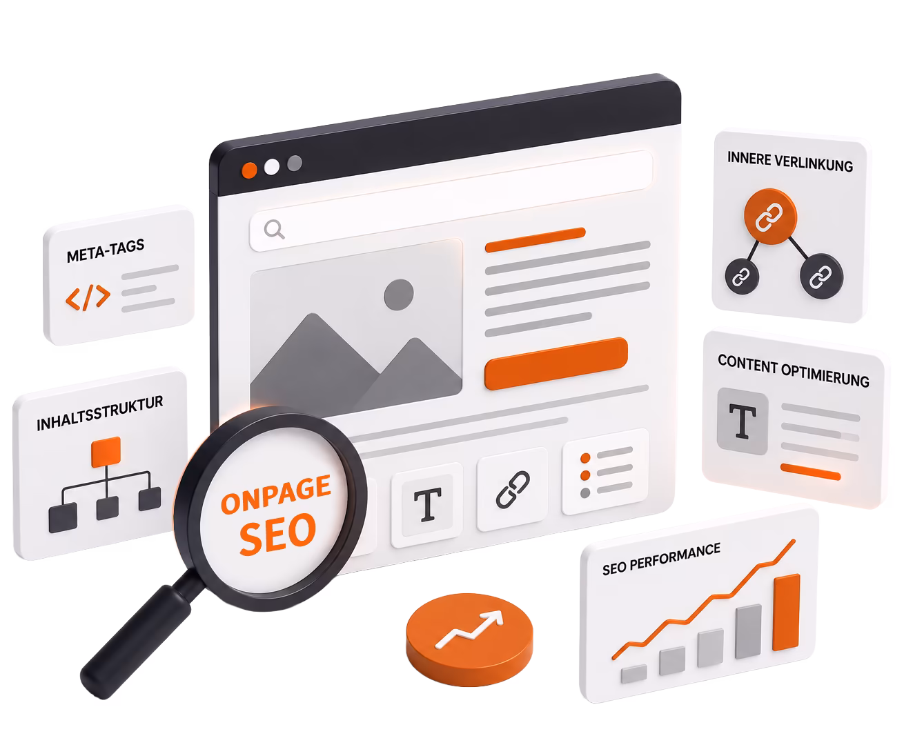 Darstellung zur OnPage-SEO-Analyse mit Meta-Tags, interner Verlinkung und optimierter Content-Struktur