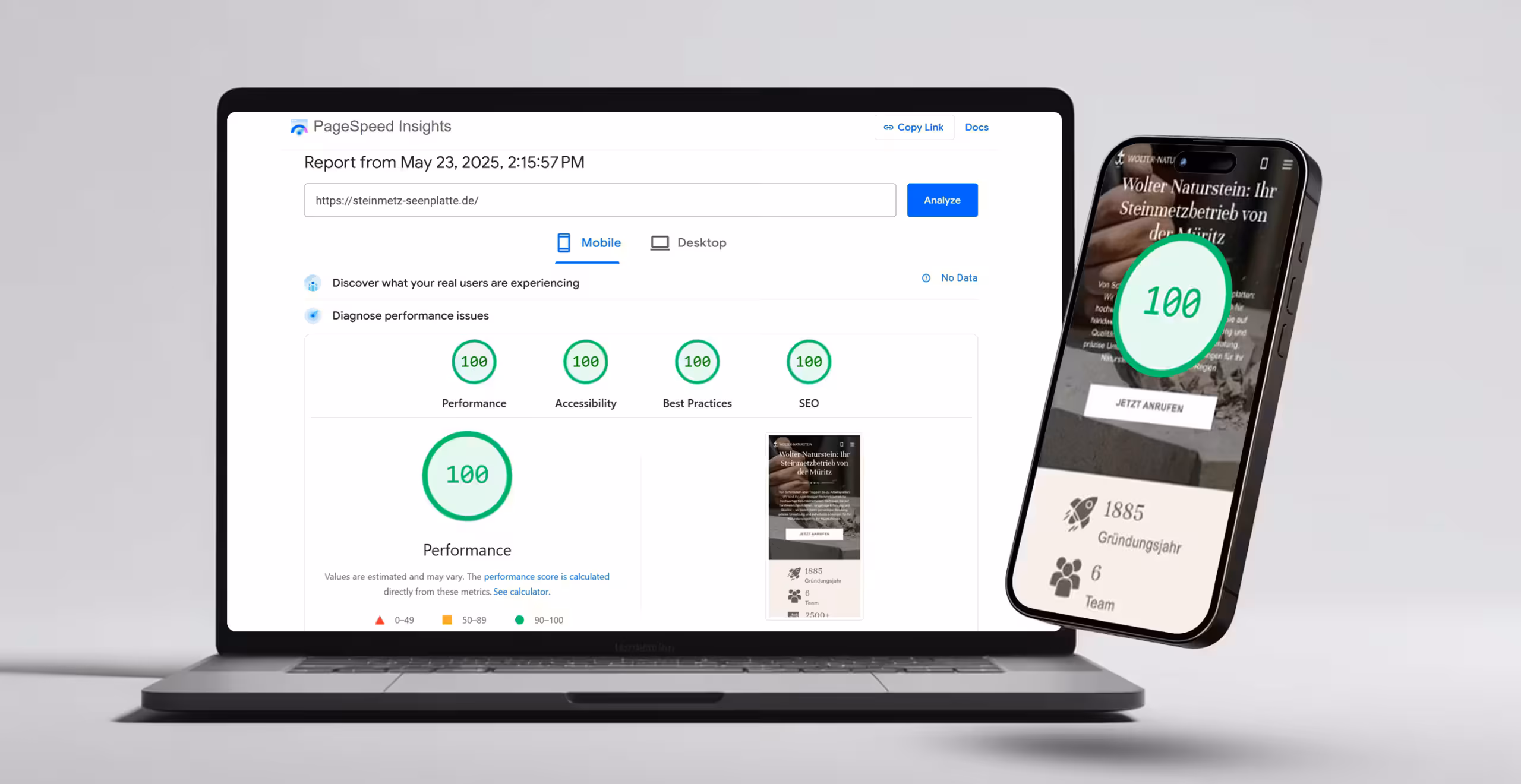 PageSpeed Insights zeigt perfekte 100-Punkte-Bewertung f&uuml;r Performance, Accessibility, Best Practices und SEO nach Core Web Vitals Optimierung