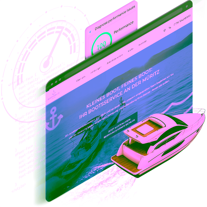 PageSpeed Optimierung Referenz - Bootsservice Müritz Website mit perfektem Google Performance Score 100 und optimalen Core Web Vitals zeigt erfolgreiche technische SEO-Optimierung und blitzschnelle Ladezeiten