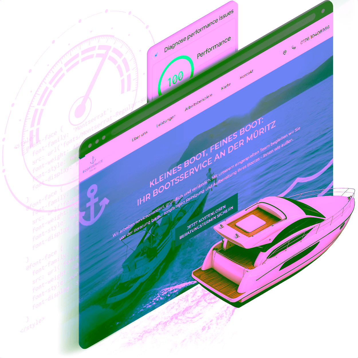 PageSpeed Optimization Reference - Boats Service Müritz website with a perfect Google Performance Score of 100 and optimal Core Web Vitals demonstrates successful technical SEO optimization and lightning-fast loading times.