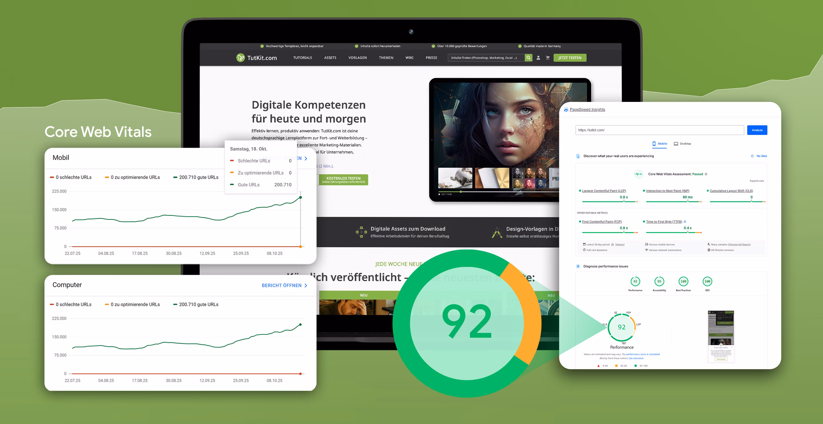 Google PageSpeed Insights Ergebnis f&uuml;r TutKit.com E-Learning-Portal mit Performance-Score 92 und Verlaufsdiagramm der Core Web Vitals f&uuml;r Mobile und Desktop