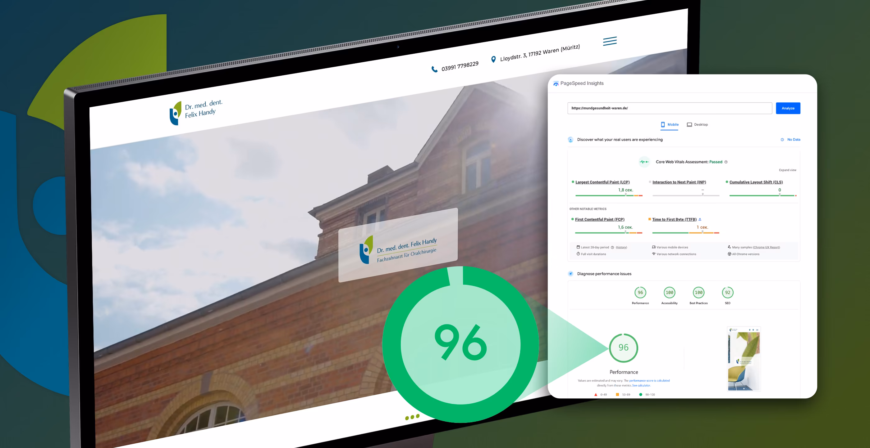 PageSpeed Insights Dashboard zeigt Score 96 f&uuml;r optimierte Zahnarztpraxis-Website von Dr. Felix Handy mit gr&uuml;nen Core Web Vitals Werten