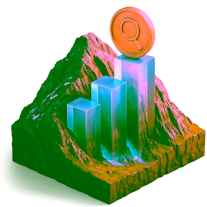 SEO Agentur Erfolg visualisiert - Berglandschaft mit aufsteigenden Säulen und goldener Suchlupen-Münze symbolisiert den Aufstieg zu Top-Google-Rankings durch professionelle Suchmaschinenoptimierung von 4eck Media