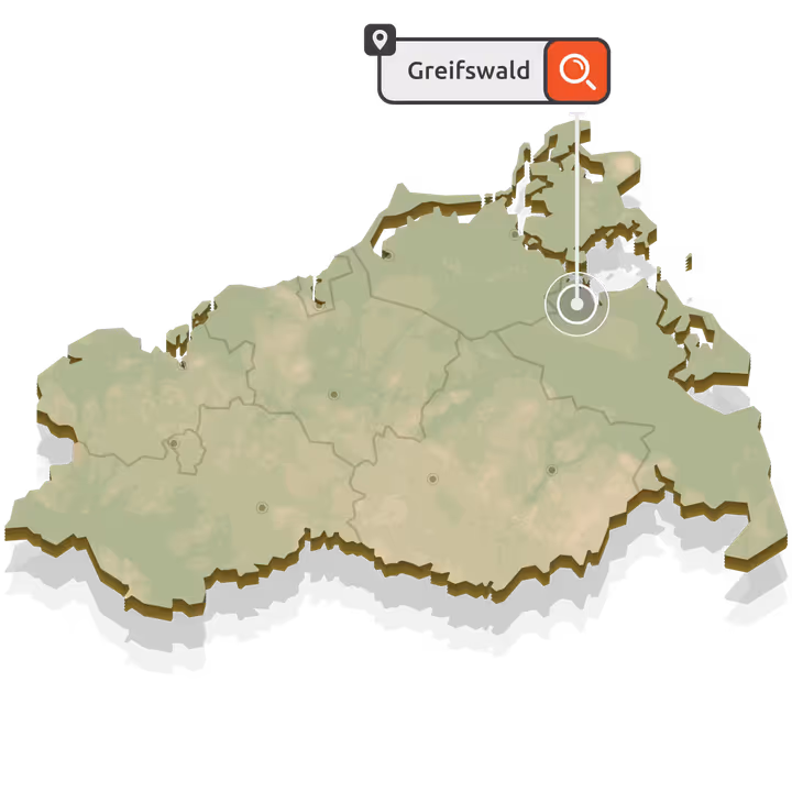 SEO Agentur Greifswald - Karte von Mecklenburg-Vorpommern mit Standort-Markierung für Suchmaschinenoptimierung