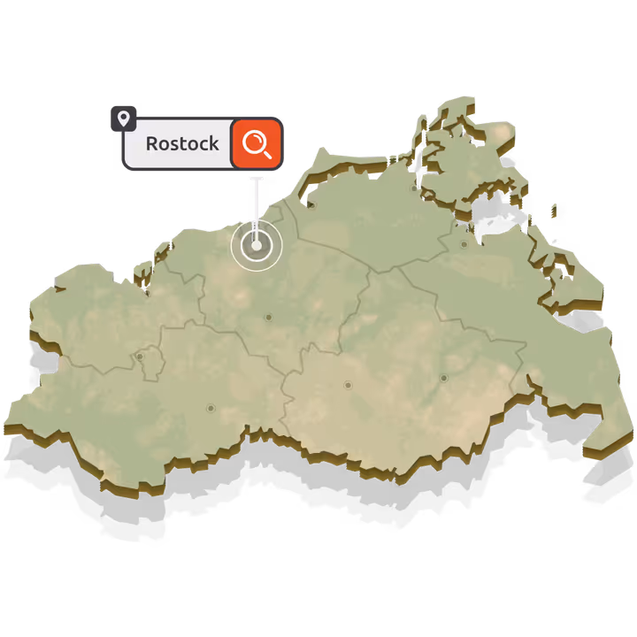 Interaktive Karte Mecklenburg-Vorpommern mit Rostock-Markierung und Suchsymbol zeigt SEO Agentur Services und lokale Suchmaschinenoptimierung für Unternehmen