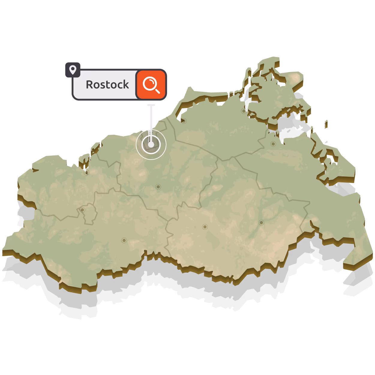 Interaktive Karte Mecklenburg-Vorpommern mit Rostock-Markierung und Suchsymbol zeigt SEO Agentur Services und lokale Suchmaschinenoptimierung für Unternehmen