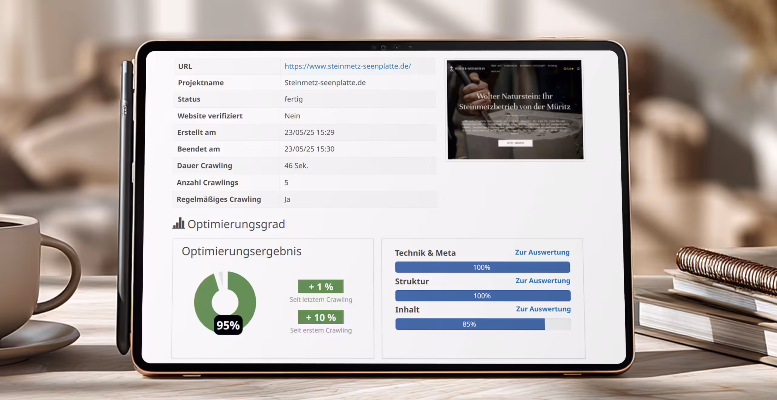 SEO-Audit Dashboard zeigt Website-Analyse mit Optimierungsgrad und technischen Meta-Daten f&uuml;r Mecklenburg-Vorpommern