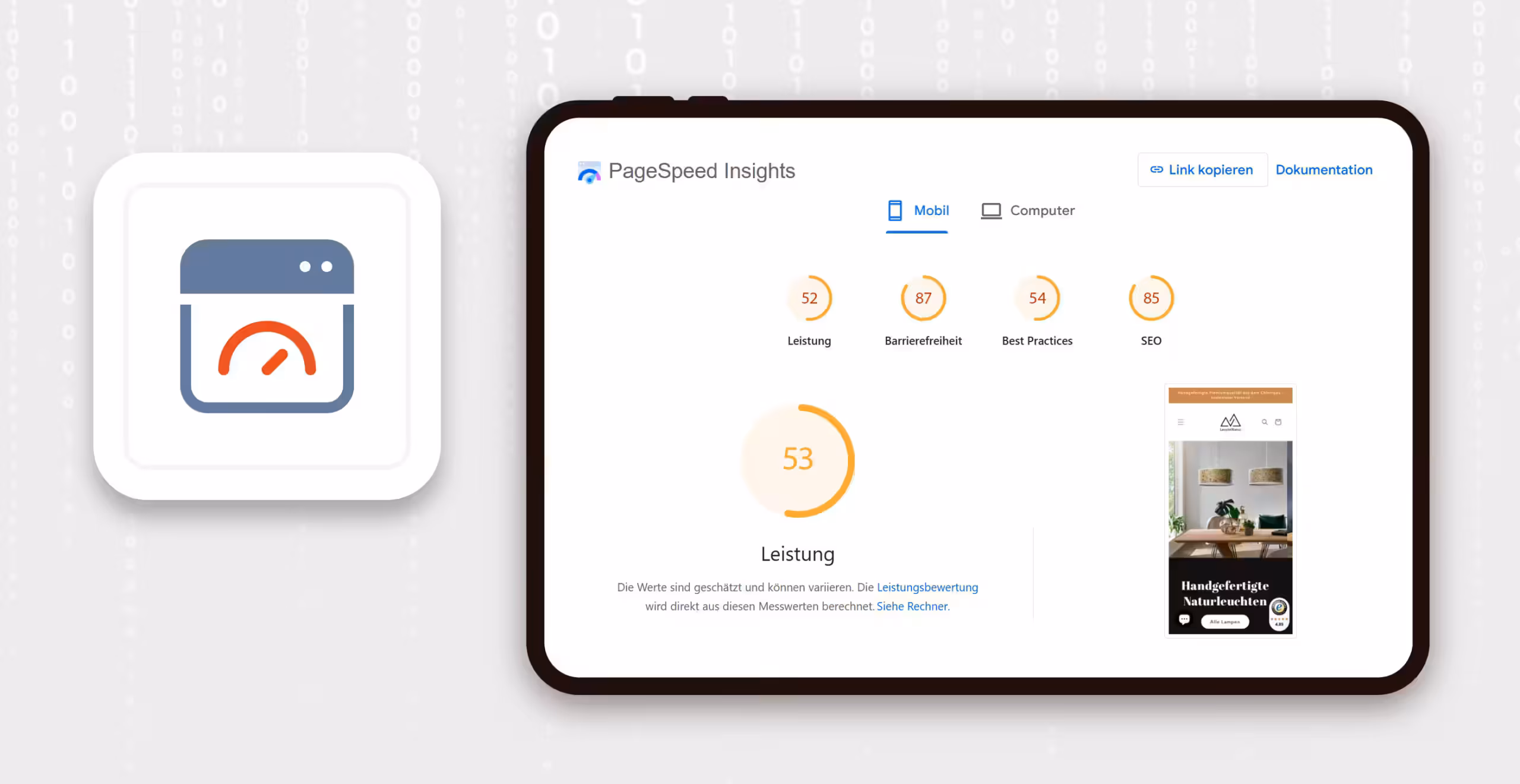 SEO Audit PageSpeed Insights Analyse zeigt technische Probleme: Leistung 53, Barrierefreiheit 87, Best Practices 54, SEO 85 f&uuml;r professionelle Website Analyse SEO