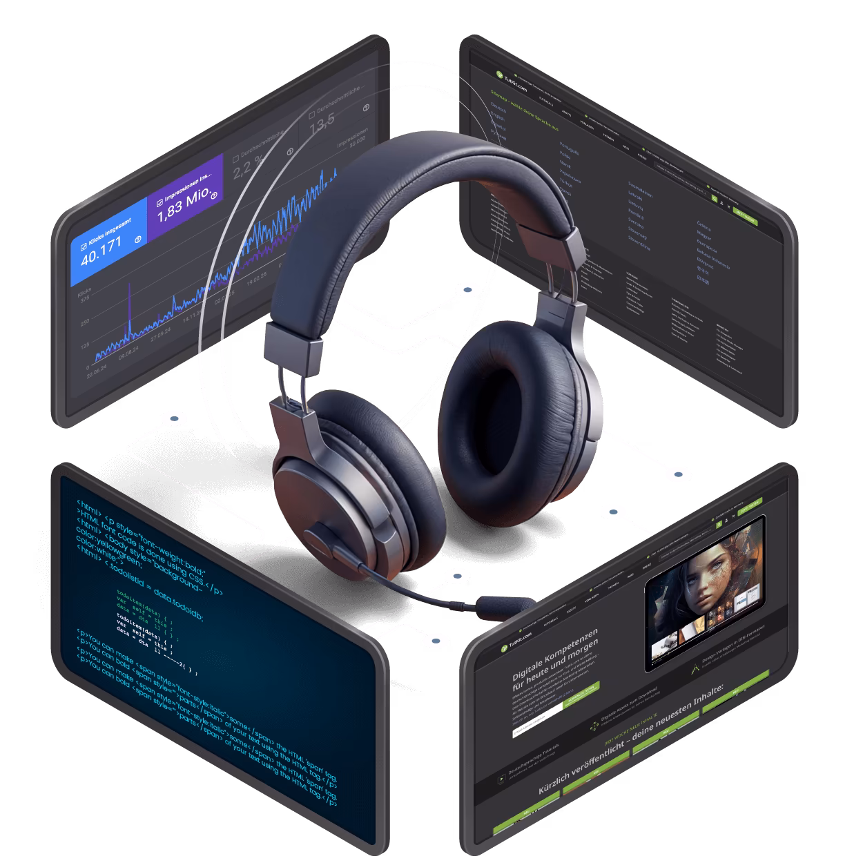 Gaming-Headset umgeben von Tablets mit SEO-Analytics, Website-Performance Dashboards und Code-Editoren zeigt professionelle SEO-Beratung und Consulting Services