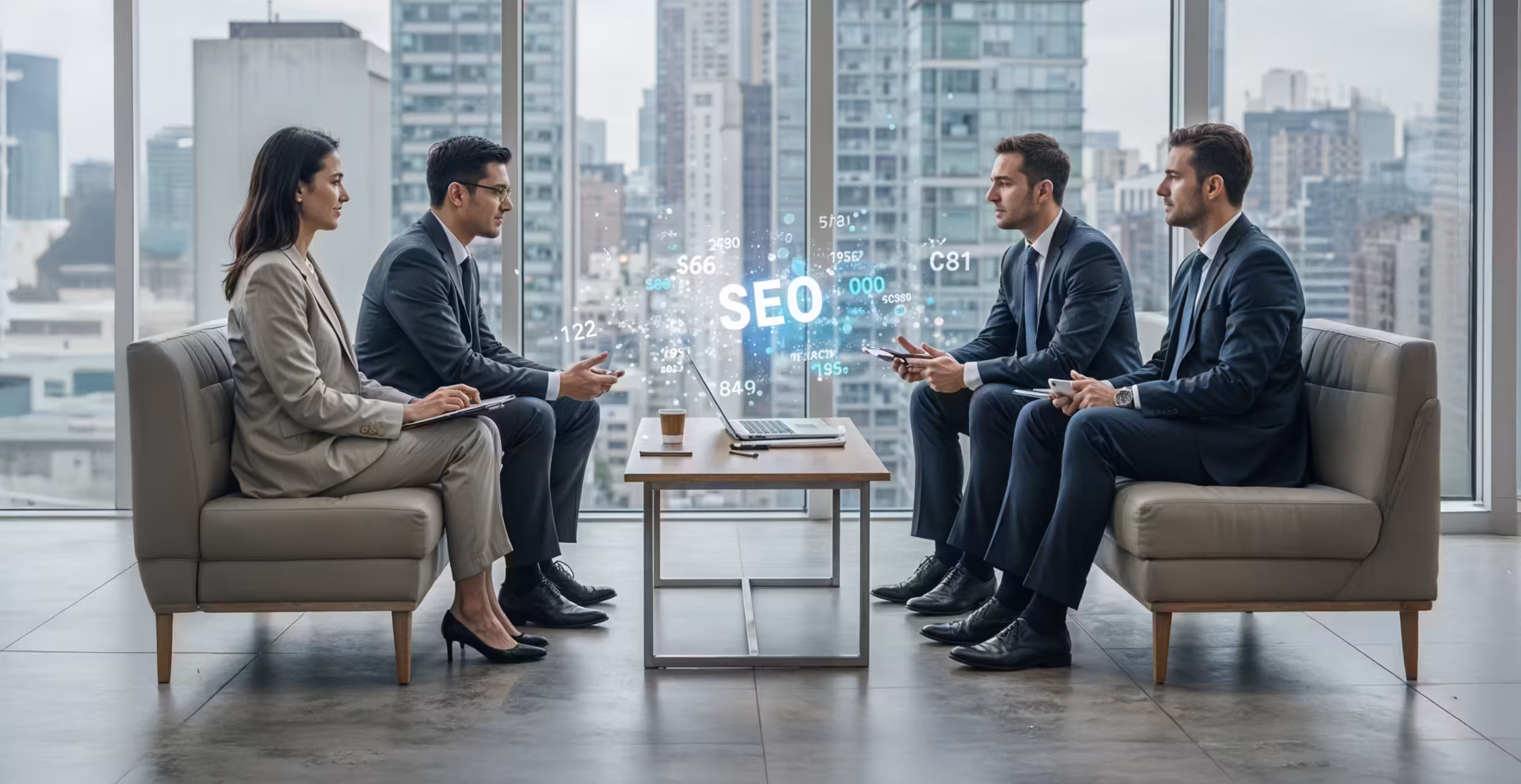 Professionelles SEO-Beratung Meeting mit Business-Team in modernem B&uuml;ro, digitale SEO-Daten und Analytics im Hintergrund zeigen erfolgreiche Consulting-Strategien