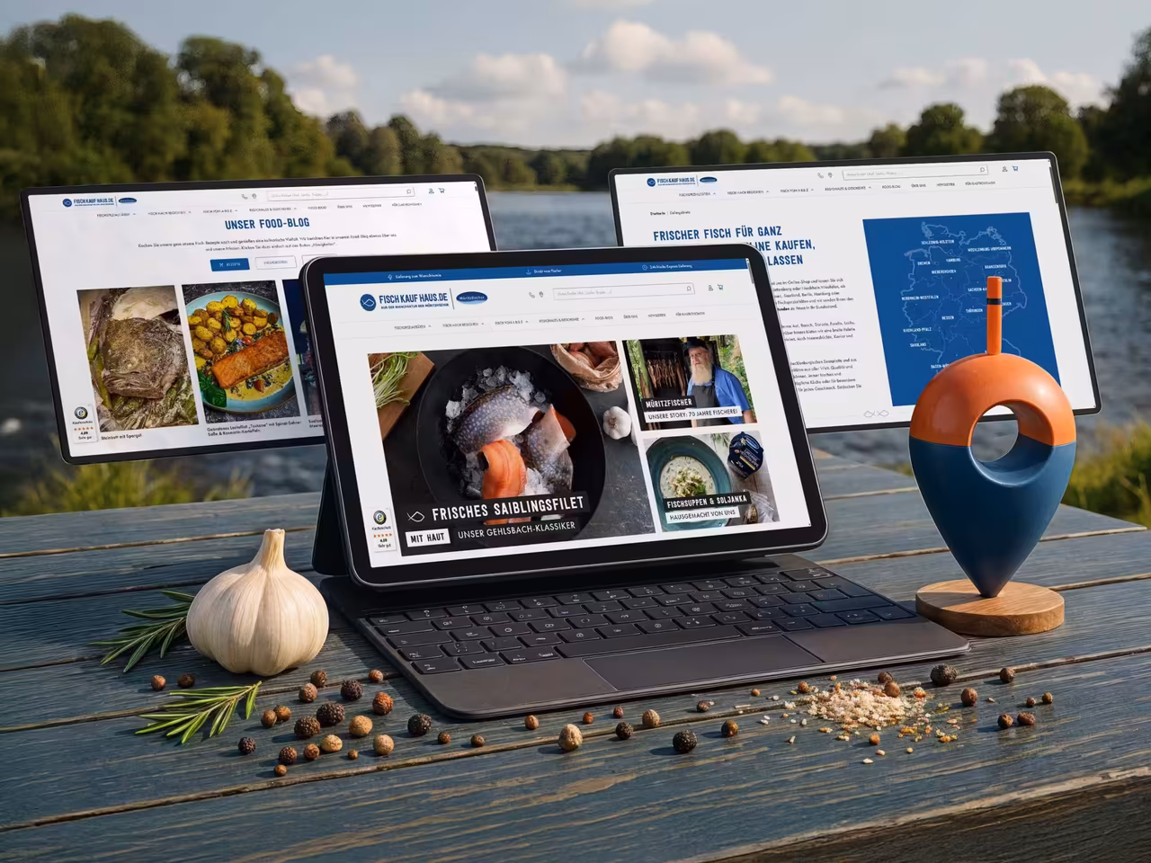 Fish Market website on tablets by the lake - 60% traffic increase through SEO optimization by 4eck Media.