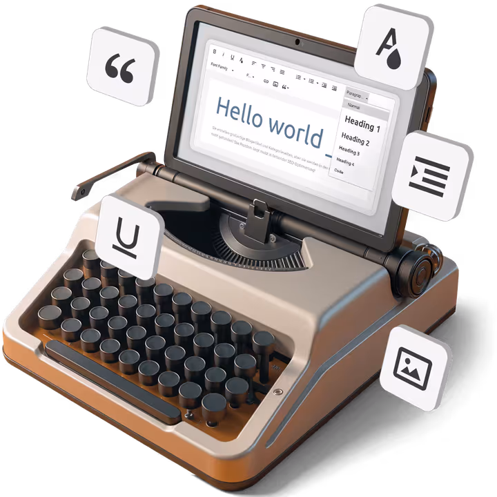 SEO Content analysis and text SEO optimization: Vintage typewriter with content icons symbolizes professional image SEO and content optimization by 4eck Media.