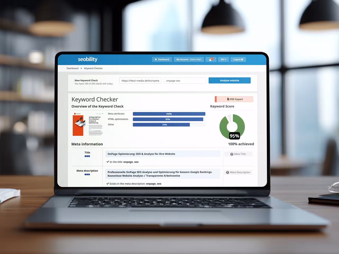 Content SEO and technical SEO examination with a 95% keyword score for optimized on-page SEO analysis.