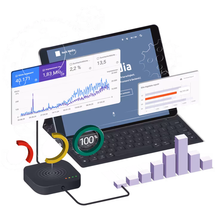 Laptop mit SEO-Analytics Dashboard zeigt Website-Performance Metriken, Klicks, Impressionen und technische SEO-Kennzahlen für professionelle Website-Optimierung