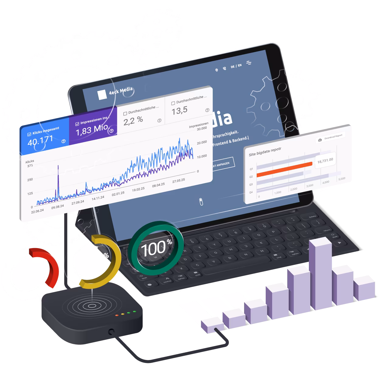 Laptop mit SEO-Analytics Dashboard zeigt Website-Performance Metriken, Klicks, Impressionen und technische SEO-Kennzahlen für professionelle Website-Optimierung