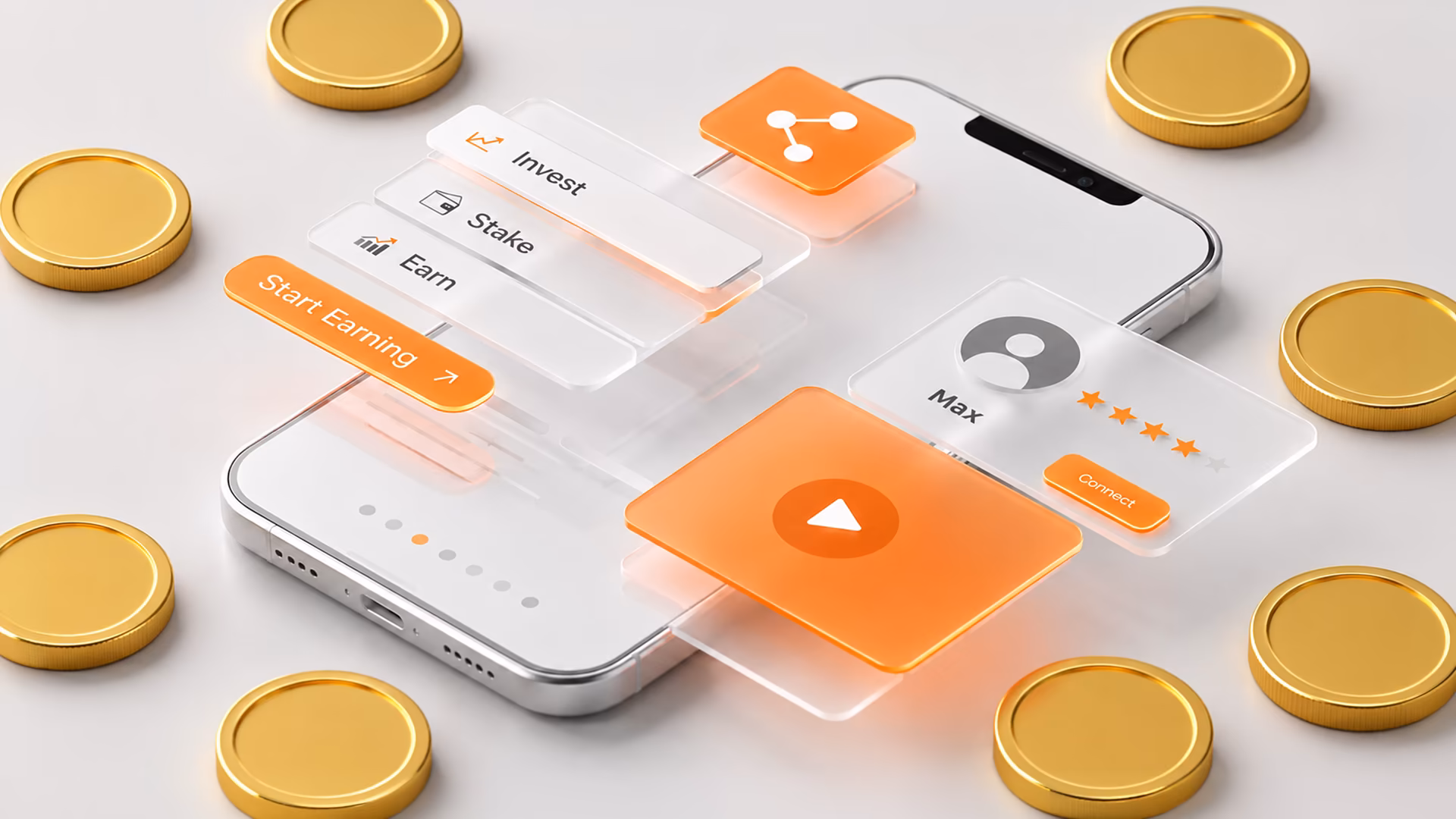 Smartphone mit UI-Elementen, Bewertungsprofil und M&uuml;nzen als Visualisierung f&uuml;r professionelles UI/UX-Design