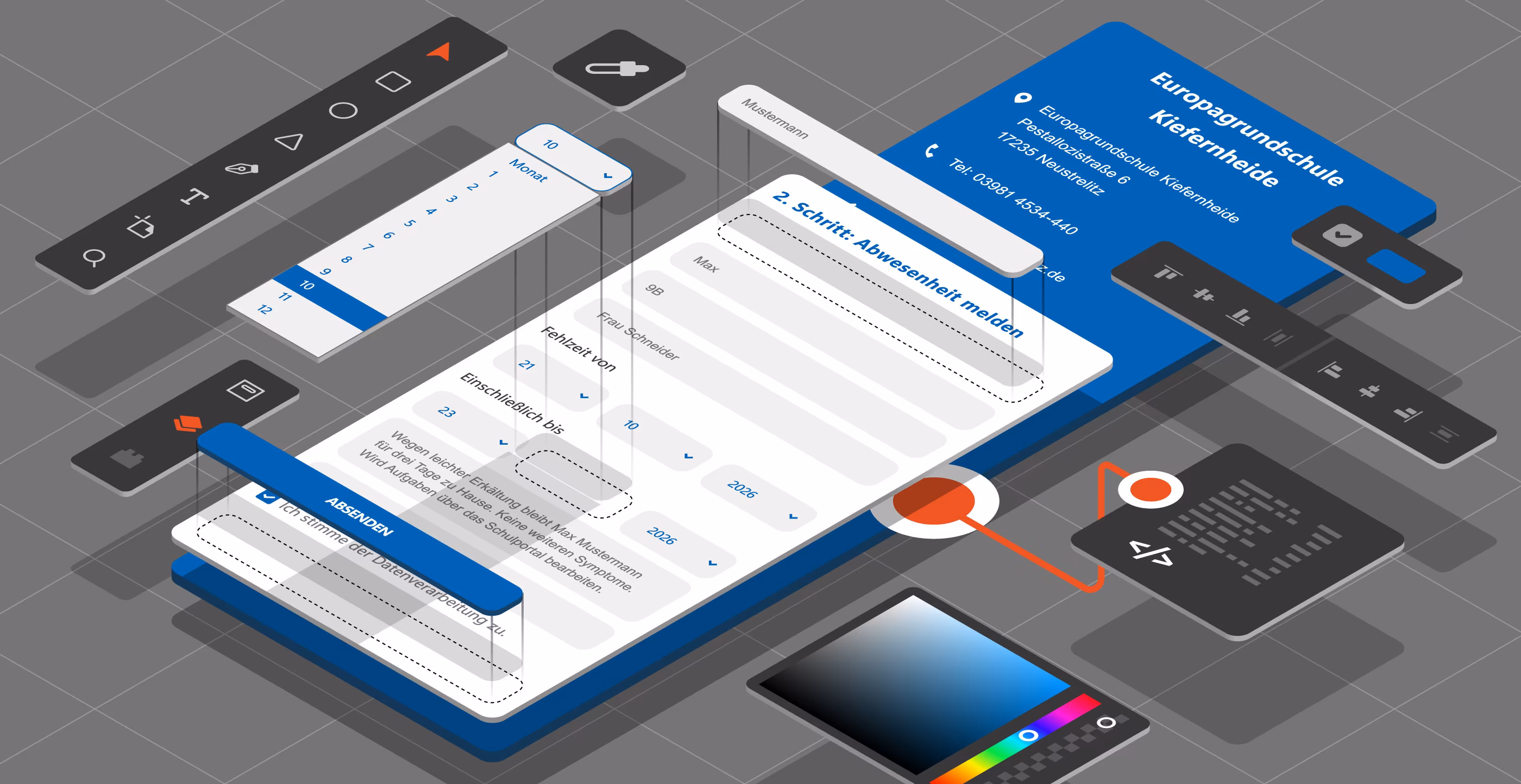 UI UX Design Wireframes und Interface-Elemente - Professionelles Prototyping mit Designsystem, Farbpalette und UI-Komponenten f&uuml;r moderne Benutzeroberfl&auml;chen