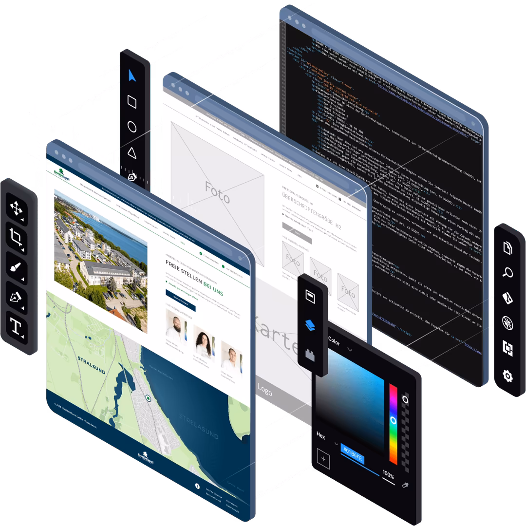 UI/UX und Webentwicklung Prozess - Isometrische Darstellung von Design-Tools, Wireframes, Code-Editor und fertigen Websites zeigt kompletten Entwicklungsprozess von der Konzeption &uuml;ber Frontend-Design bis zur Backend-Programmierung durch 4eck Media