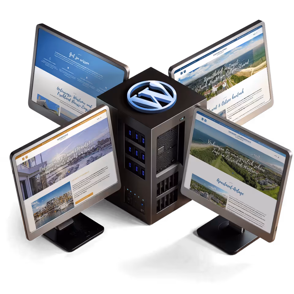 Illustration für ein WordPress-Multisite-System, über das mehrere Webseiten mit einer Installation verwaltet werden können