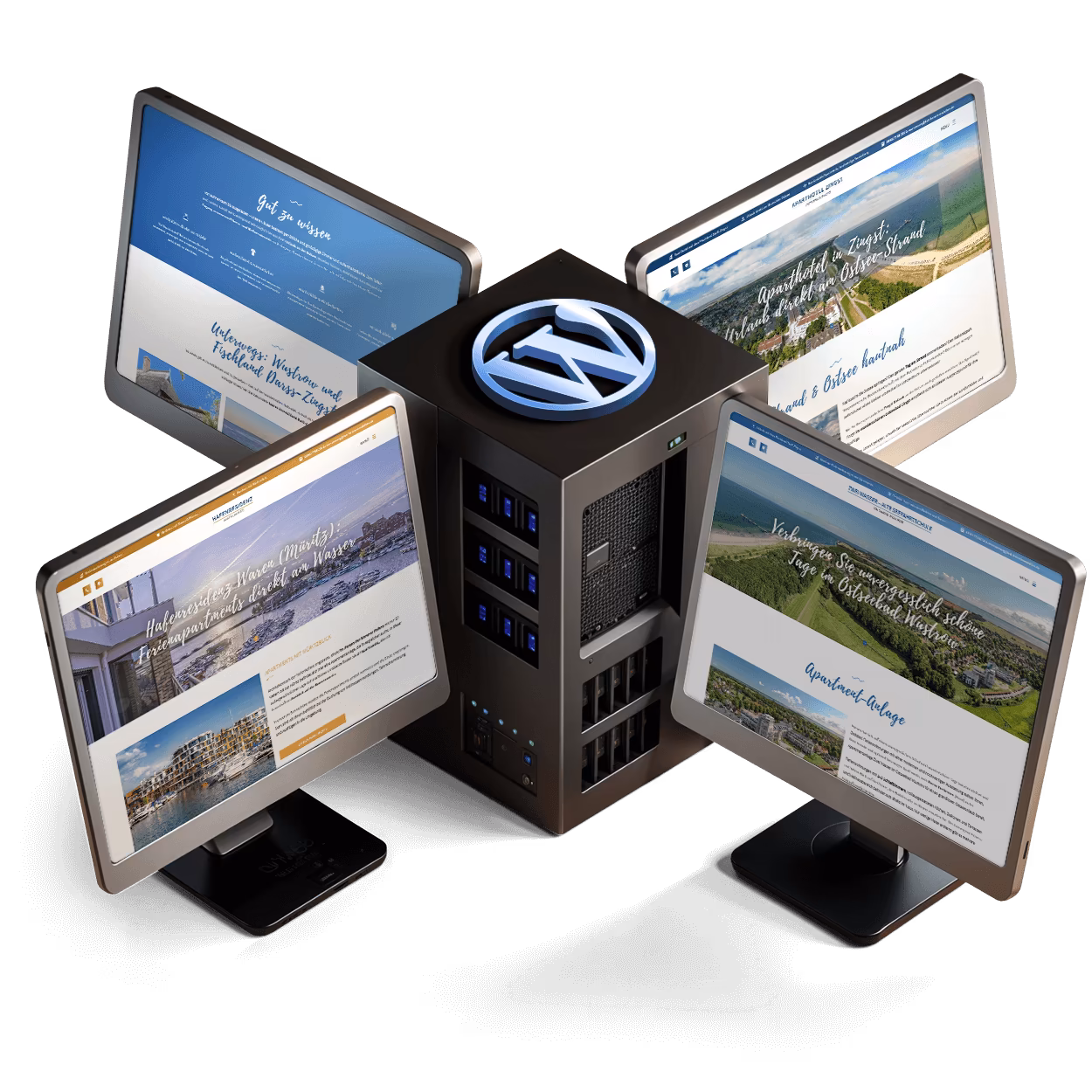 Illustration für ein WordPress-Multisite-System, über das mehrere Webseiten mit einer Installation verwaltet werden können