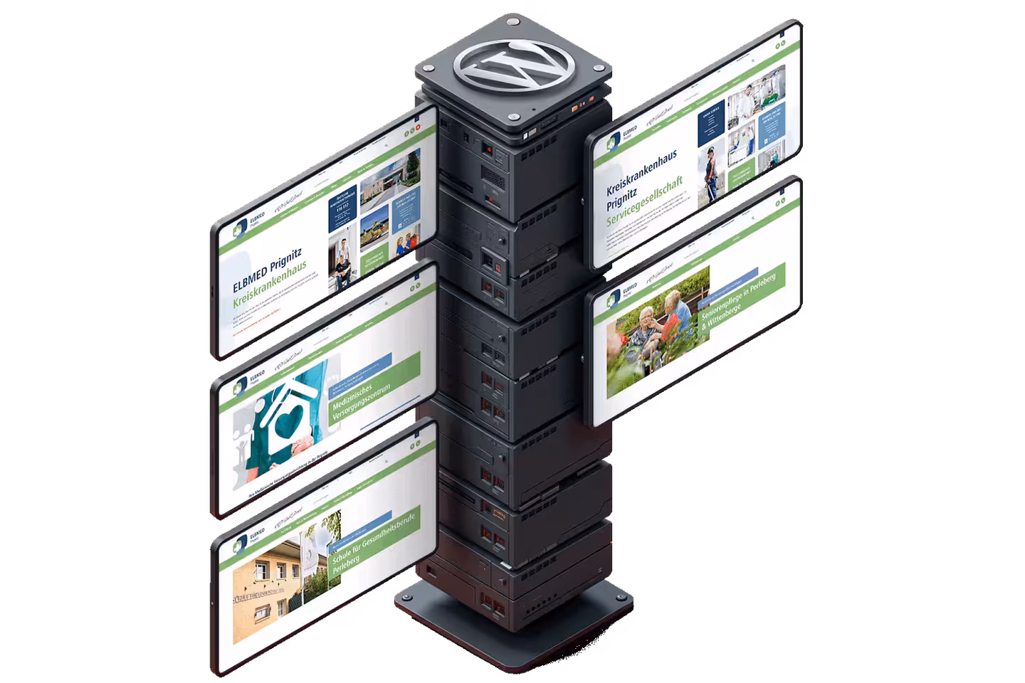 Computer with 5 websites next to it, symbolically representing WordPress multisite systems.