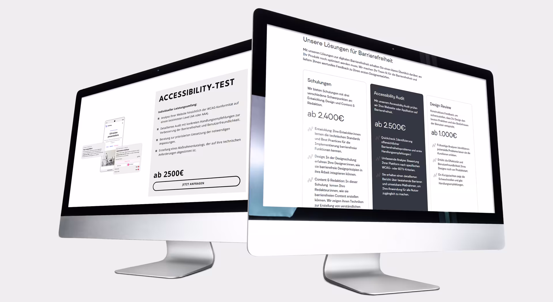 Zwei iMacs mit Landingpage von 4eck Media zu Accessibility-Audit, WCAG-Schulungen und Design-Review f&uuml;r barrierefreie Websites